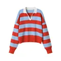Oversized gebreide trui met rood-blauwe strepen, witte polokraag en lange mouwen - S / Rood-blauwe Strepen