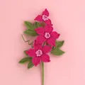 Exquisite handmade crochet magenta yarn flower with green leaves on pink background - Mengsi 3-Flower Clematis Branch / Rose Red