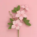 Handmade crochet pink flower branch with green leaves displayed on a soft pink background - Mengsi 3-Flower Clematis Branch / Light Pink