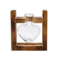 Heart-shaped glass hydroponic vase with a rustic dark brown wooden frame stand - Heart Single Bottle / Retro Wood Stand