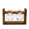 Elegant heart-shaped glass hydroponic vase with rustic wooden stand for desk decor - Heart Double Bottle / Retro Wood Stand