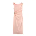 Peach asymmetrical midi dress with elegant gold buckle accent and sleeveless design - XS / Nude