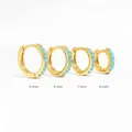Detailed view of four gold turquoise hoop earrings in sizes 6mm, 7mm, 8mm, and 9mm - 5mm / Gold-Turquoise Blue