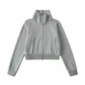 Sudadera corta gris de alta calidad con cremallera y cuello alto estilo retro americano. - S / Gris claro