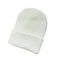 Close-up of white knitted solid color beanie with detailed ribbed texture - Soft White