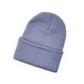 Close-up detail of a soft lavender purple knitted beanie hat with a folded cuff - Light Gray