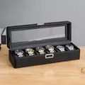 Scatola porta orologi in pelle nera con 6 scomparti e finestra trasparente espositore - 6 Slot Arrotondati / Nero