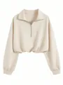 Sweat-shirt femme à demi-zip avec cordon de serrage à la taille et manches longues - Abricot