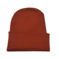 Close-up of burnt orange knitted beanie with ribbed texture and folded cuff detail. - Longan Yellow