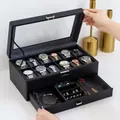 Scatola porta orologi a 12 posti in pelle nera con cassetto portagioie e vetro trasparente - 12 Slot Arrotondati Doppio Strato / Nero