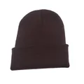 Dark brown solid color knitted beanie hat with classic folded cuff detail - Coffee