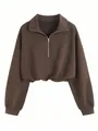 Brown half-zip cropped sweatshirt for women with adjustable drawstring waist and lapel - Dark Brown
