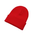 Classic solid red cuffed knitted beanie hat for autumn and winter outdoor warmth - Red