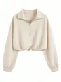 Women's casual beige half-zip collar sweatshirt featuring adjustable drawstring waist - Apricot