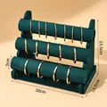 Expositor de joyas profesional de tres niveles en terciopelo verde oscuro para pulseras - Verde