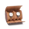 Premium brown PU leather watch storage roll case with soft interior and snap buttons. - 2 Slots / Brown Saffiano Pattern