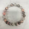 Handmade natural stone beaded bracelet with pink quartz and silver textured accents for women - Pink Zebra and Silver Lava Stone