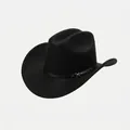Stylish black western cowboy hat featuring a leather band with metal buckle detail - M (56-58cm) / Black