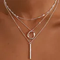 Detailed view of silver triple-layered necklace with circle and vertical bar pendants - Circle Stick Water Wave O-Chain / Silver