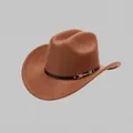 Detailed view of brown felt western cowboy hat with a metal H-buckle and leather band - M (56-58cm) / Dark Khaki