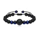 Macro view of adjustable braided bracelet with black lava stone and blue tiger eye beads - Lapis Lazuli