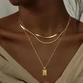 Elegant 14K gold plated three-layer necklace set with snake, rope and rectangular pendant. - Square Tag Snake Bone Twist O-Chain / Gold