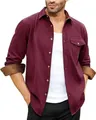 Close-up of men's burgundy brushed shirt featuring contrast brown corduroy cuffs - S / Brick Red