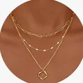 Elegant triple-layered 14K gold plated necklace with link chain and circle pendant. - Circle Paperclip Flattened O-Chain / Gold