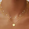 Triple-layer 14K gold plated necklace with small pearls and smooth circle pendant - Round Disc Artificial Pearl O-Chain / Gold