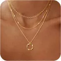 Elegant 14K gold plated three-layer necklace with a stylish twisted circle pendant - Circle Oval Flattened O-Chain / Gold