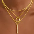 Triple-layered 14K gold plated necklace with circle and bar pendants. - Circle Stick Water Wave O-Chain / Gold