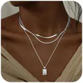 Elegant silver-tone three-layer layered necklace featuring snake chain and square tag - Square Tag Snake Bone Twist O-Chain / Silver