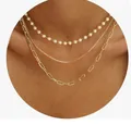 Elegant 14K gold plated three-layer necklace featuring pearls and paperclip link chains - Artificial Pearl Box Paperclip 3-Layer Necklace / Gold