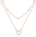 Rose gold layered necklace featuring a sparkling pavé heart pendant and delicate beads. - Rhinestone Necklace Polished Heart Double Layer Necklace / Gold