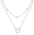Double-layered silver necklace with metallic beads and pavé heart pendant. - Large Rice Bead Rhinestone Heart Double Layer Necklace / Silver