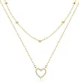 Elegant 14K gold plated layered necklace with a sparkling heart pendant and beads - Large Rice Bead Rhinestone Heart Double Layer Necklace / Gold