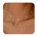 Elegant double layered gold necklace with bezel crystals and dainty heart pendant - Golden Zircon Necklace With A Polished Heart Shape Double-layered Necklace