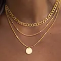 Layered 14K gold plated necklace with curb chain and round pendant - Round Disc 6mm Magic Flattened Chain / Gold