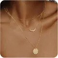 Elegant three-layer 14K gold-plated necklace featuring coin and arched crystal pendants - Zirconia Leaf Round Disc 3-Layer Necklace / Gold