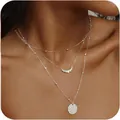 Elegant triple-layered necklace with hammered coin pendant and sparkling crescent detail - Zirconia Leaf Round Disc 3-Layer Necklace / Silver