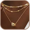 Triple-layered 14K gold plated necklace with anchor chain and sparkling barrel pendant - Rhinestone Inlaid Cylinder 3-Piece Necklace Set / Gold