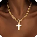 A chunky gold link chain necklace with a cross pendant in 14K gold plated finish - OT Buckle Cross Necklace / Gold