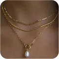 Elegant 14K gold-plated three-layer layered necklace featuring a white pearl pendant - Artificial Pearl Toggle Clasp 3-Piece Necklace Set / Gold