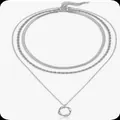 Silver-toned triple-layered necklace with snake chain and circular ring pendant - Irregular Circle Snake Bone Twist 3-Layer Necklace / Silver