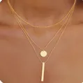 Elegant triple-layered 14K gold plated necklace with round disc and bar pendant - Round Disc Stick 3-Layer Necklace / Gold