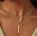 Three-layer gold plated necklace with vertical bar and crystal pendants - Zirconia Stick 3-Layer Necklace / Gold
