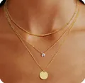 Elegant 14K gold plated triple layered necklace with round disk and crystal pendant - Zirconia Round Disc 3-Layer Necklace / Gold