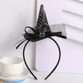 Detailed view of Halloween witch hat headband with spider web pattern and bow - Black and White Spider Web Mesh Style