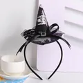 Close-up detail of purple Halloween witch hat headband with black ribbon bow and mesh - Purple and Silver Witch Moon Style