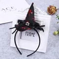 Detailed view of Halloween witch hat headband with red skull patterns and ribbon bow - Black and Red Skull Style